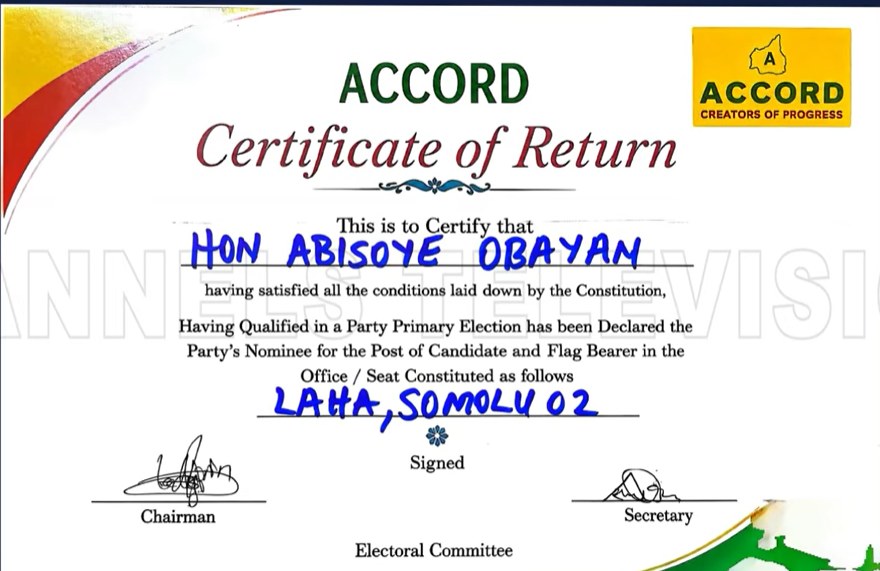 Accord Certificate of Return declaring Hon Abisoye Obayan the party's nominee and flag bearer for LAHA, Somolu 02